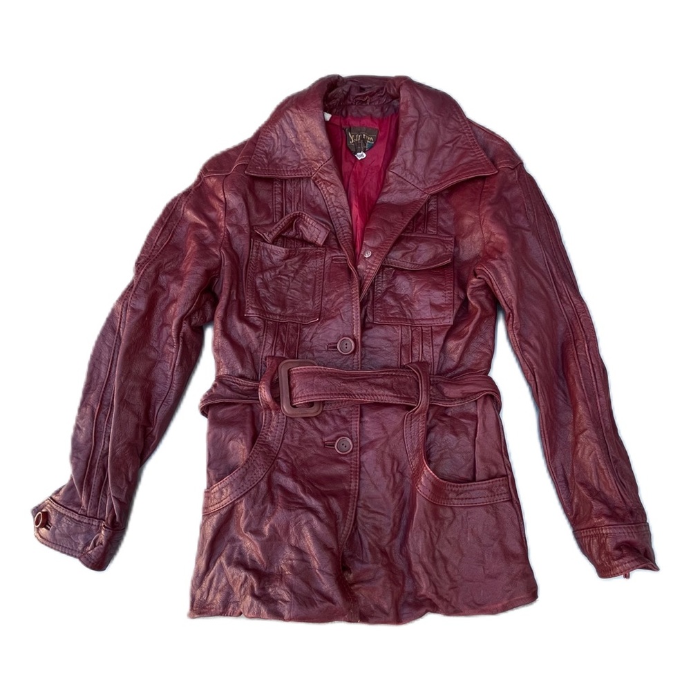 Vintage Burgundy Leather Belted Jacket - Women